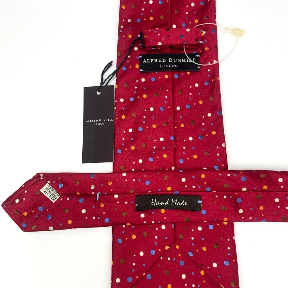 Alfred Dunhill Red Woven Hand Made Multicolor Dots All Silk Necktie Italy $245
